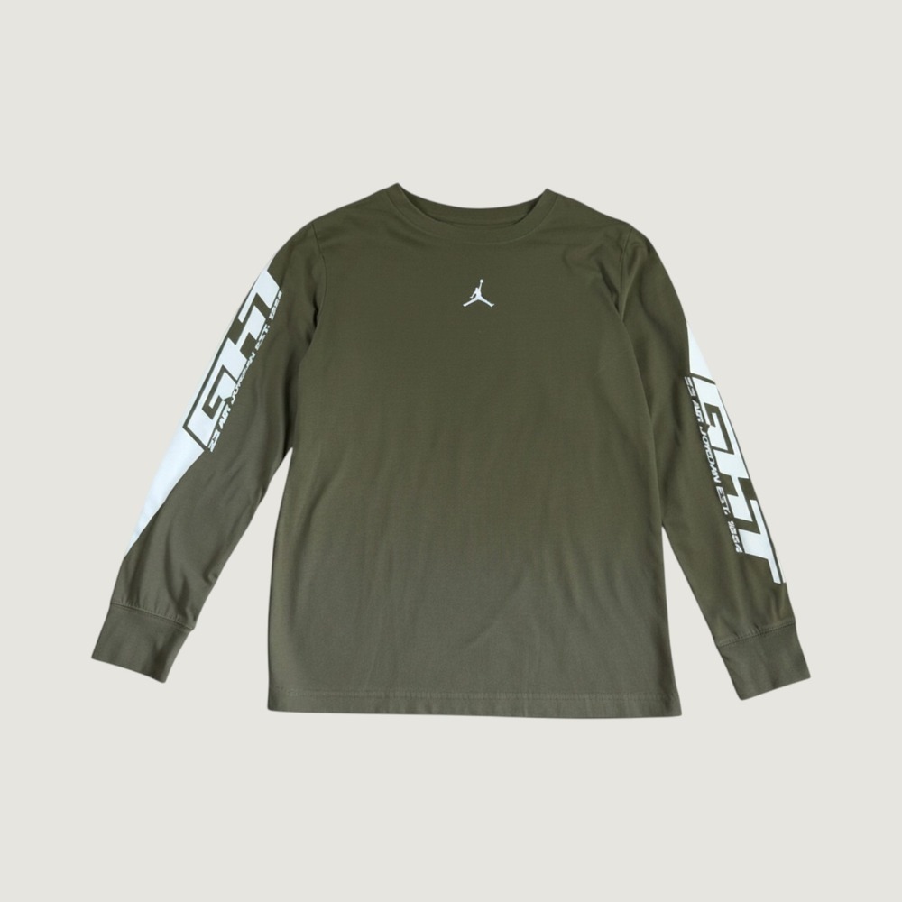 Jordan Kids Olive Green Flight Long Sleeve Graphic T-Shirt Jumpman Size L 12-13Y